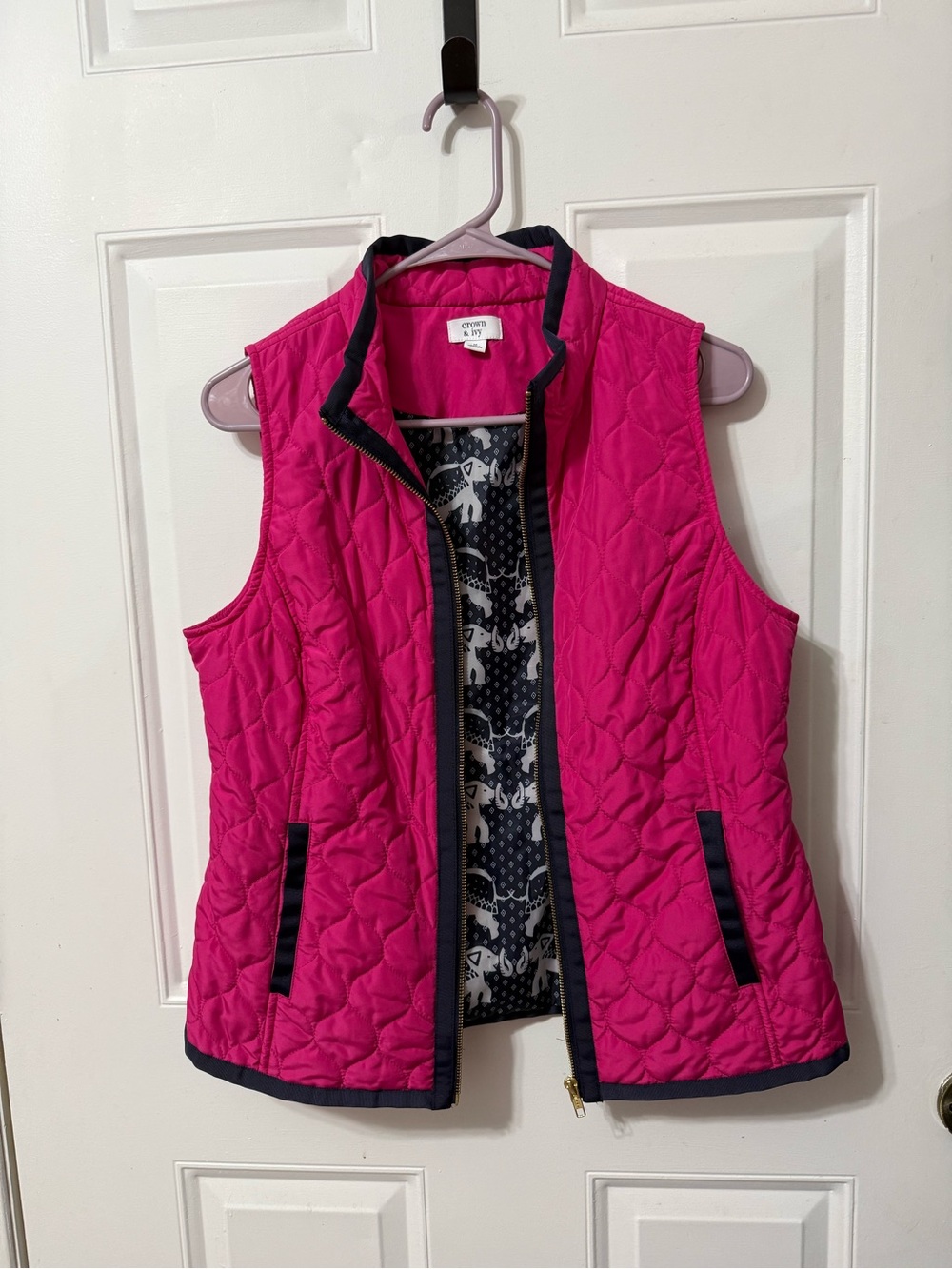 crown & ivy Hot Pink Quilted Vest with Navy Trim